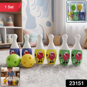 Toddler-friendly bowling game set with cartoon design of pins and colorful balls