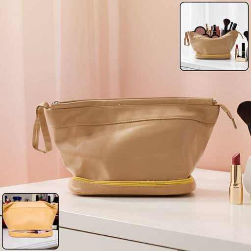 Spacious makeup storage bag with soft-finish exterior