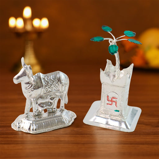Silver-plated Kamdhenu cow and Tulsi plant pair ideal for pooja and home decor