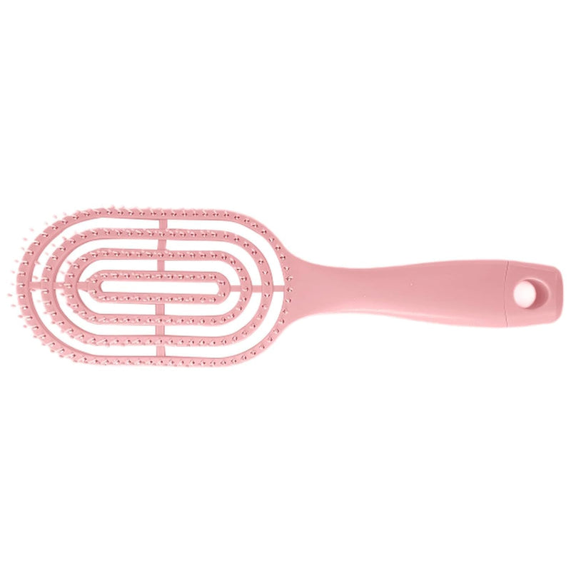 Detail of curved head and flexible bristles for scalp massage on hair brush