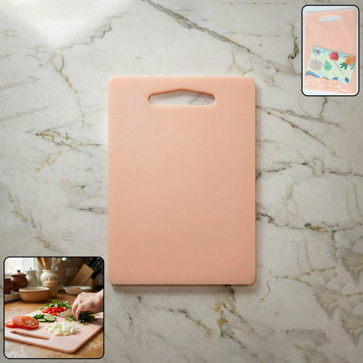 Plastic chopping board with handle grip on kitchen counter
