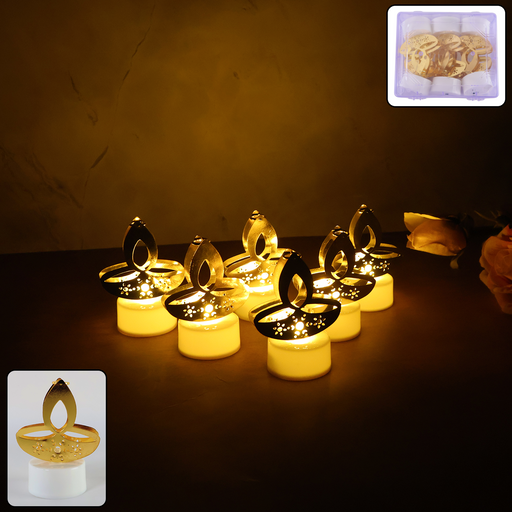 Golden diya shaped LED tealight candle glowing warmly