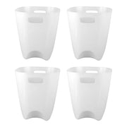 Four compact plastic dustbins placed in various rooms, showcasing versatility.