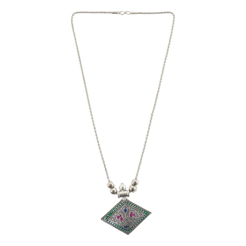 Beaded chain of oxidised silver pendant necklace complementing elegant ethnic style