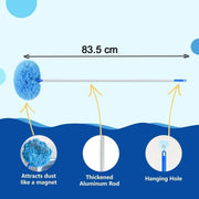 Cleaning duster size comparison showing compact and extendable features