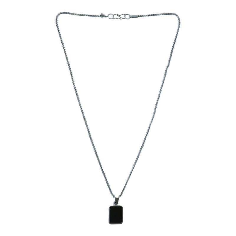 Close-up of men's stainless-steel box chain design on pendant necklace