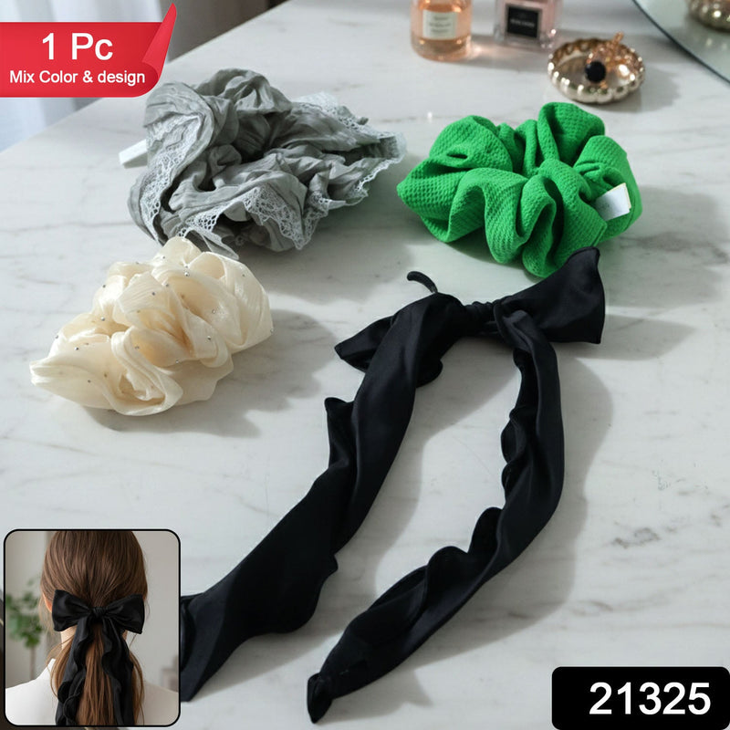 Stretchable bow tie hair scrunchie featuring soft fabric for secure hold