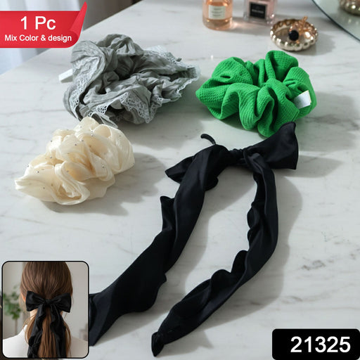 Stretchable bow tie hair scrunchie featuring soft fabric for secure hold