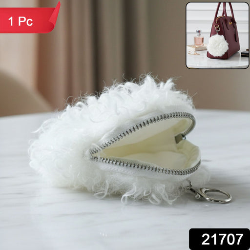 Compact fluffy small coin wallet product shot with keychain hook