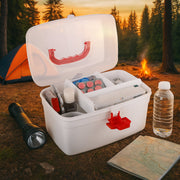 Durable plastic construction of the Organivo medicine box with its ergonomic handle.