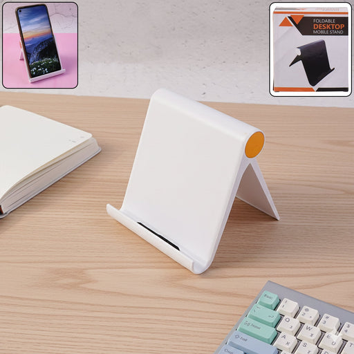 Foldable plastic desktop mobile stand placed on flat surface for hands-free use