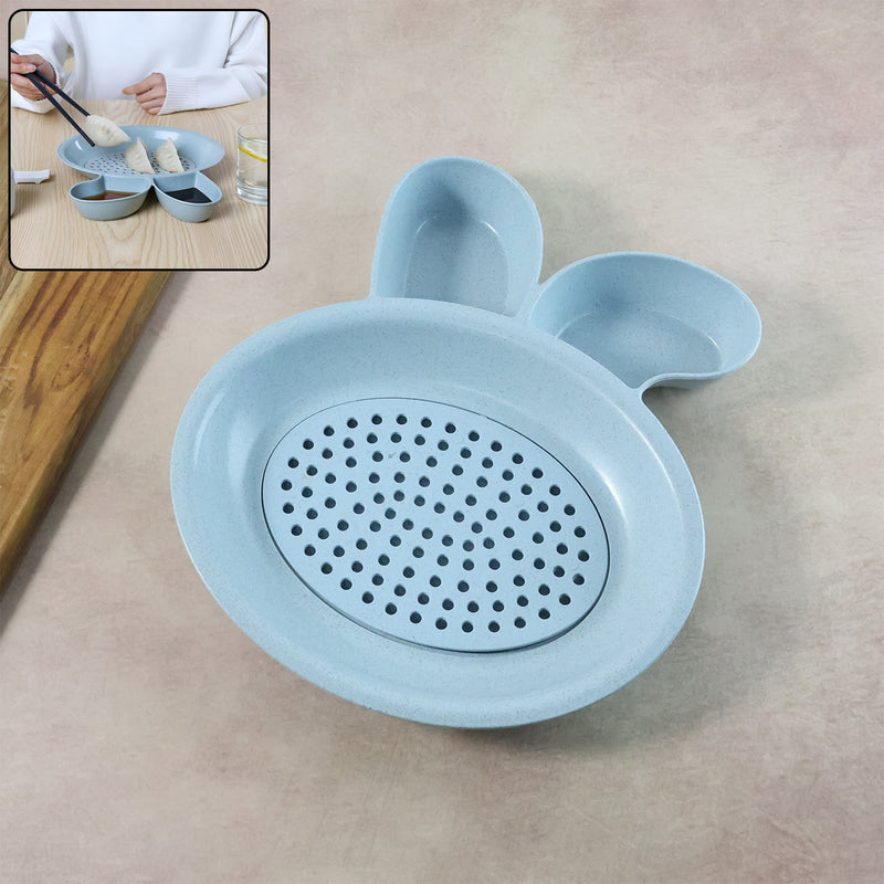 Dumpling serving plate with built-in perforated strainer for draining excess oil