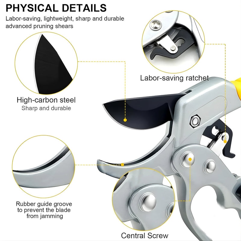 Gardening pruning shears with the secure blade locking mechanism engaged for safety.