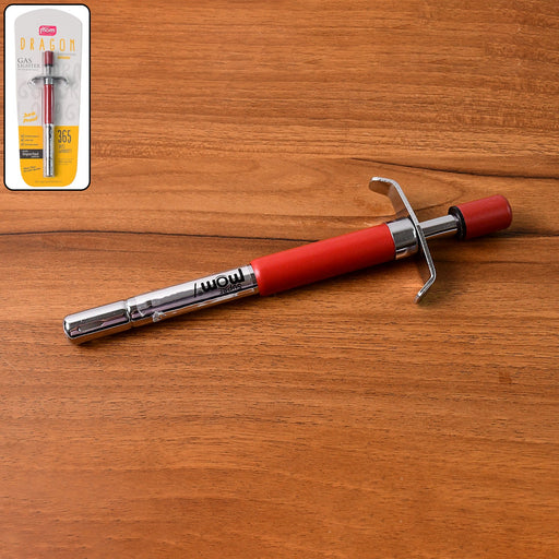Front view of stainless steel gas lighter with ergonomic handle