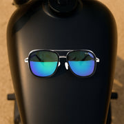 Close-up of premium metal frame on polarized aviator sunglasses