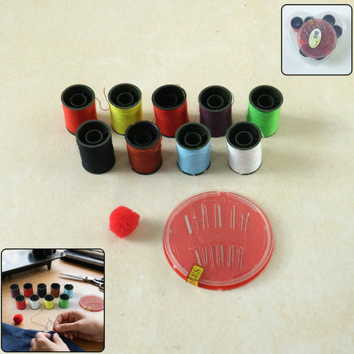 Portable sewing kit with colorful thread spools and needles for quick repairs