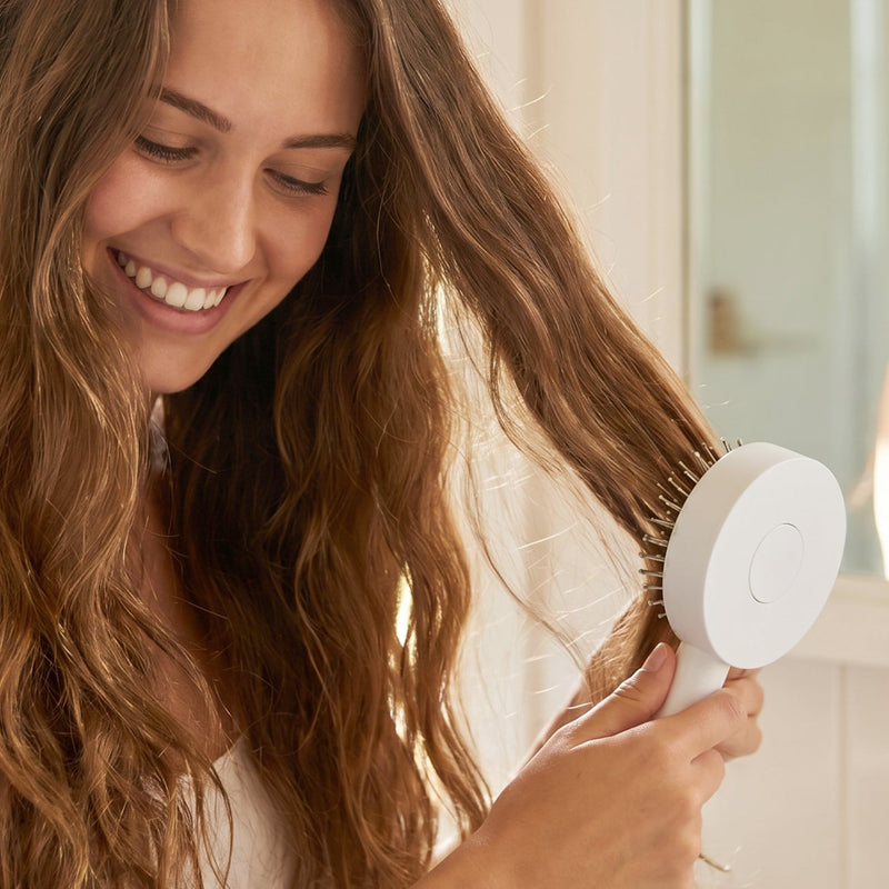 Hand pressing the quick-release button on the Self-Cleaning Hair Brush to remove trapped hair.