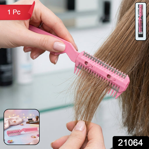 Close-up of hair thinning comb with built-in blade