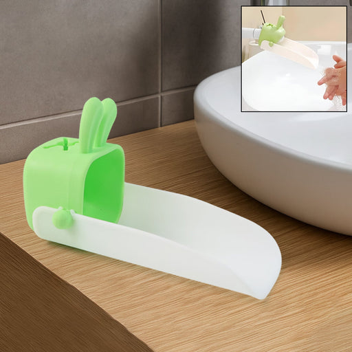 Cute bear-shaped silicone kids faucet extender on a modern bathroom sink.