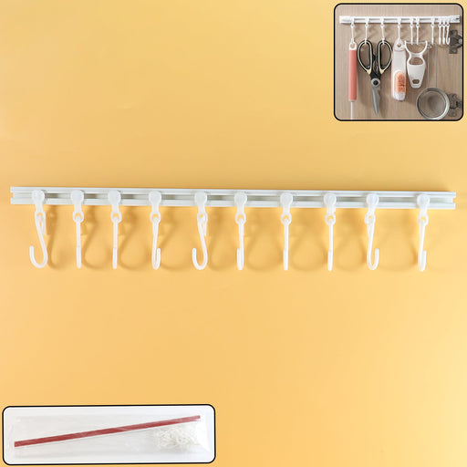 Wall mounted kitchen storage rack with 10 adjustable hooks for utensils