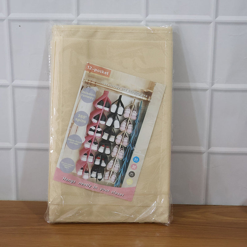 Space-saving hanging shoe organizer bag hanging in wardrobe
