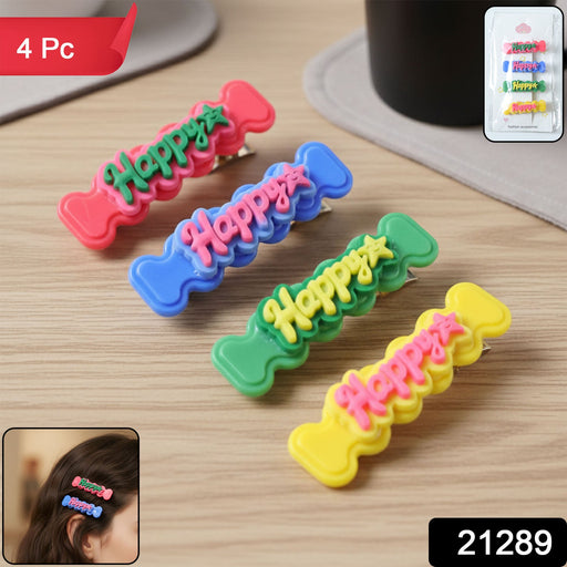 Colorful snap hair clips for girls in unique bone shape with cheerful 3D Happy text