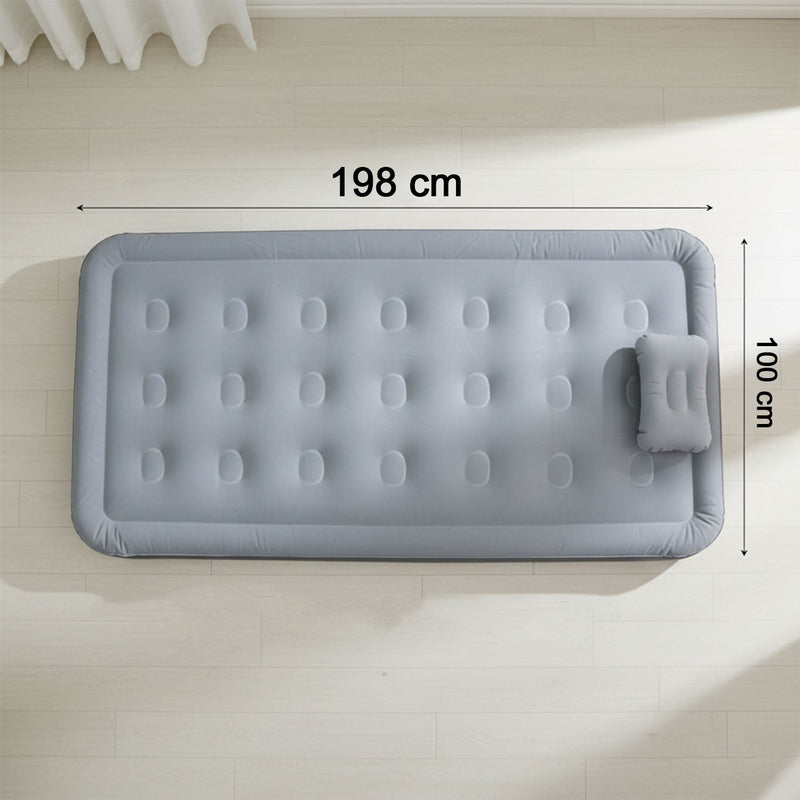 Dimension chart for portable inflatable folding bed showing length, width, and height