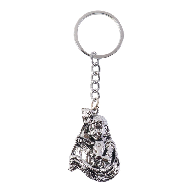 Front view of silver finish Bal Krishna metal keychain highlighting ornate details