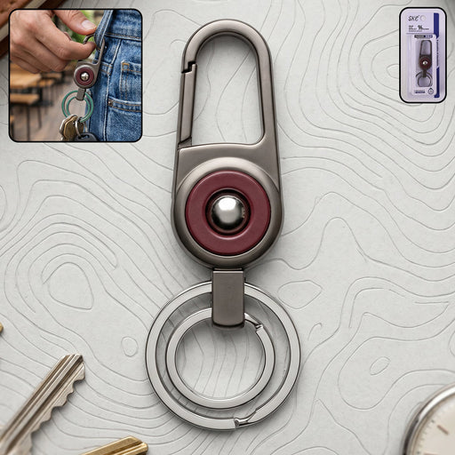 Heavy duty metal key holder with locking carabiner clip and dual rings for secure organization