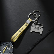 Jeep-shape metal car keychain with dual keyrings and soft grip strap