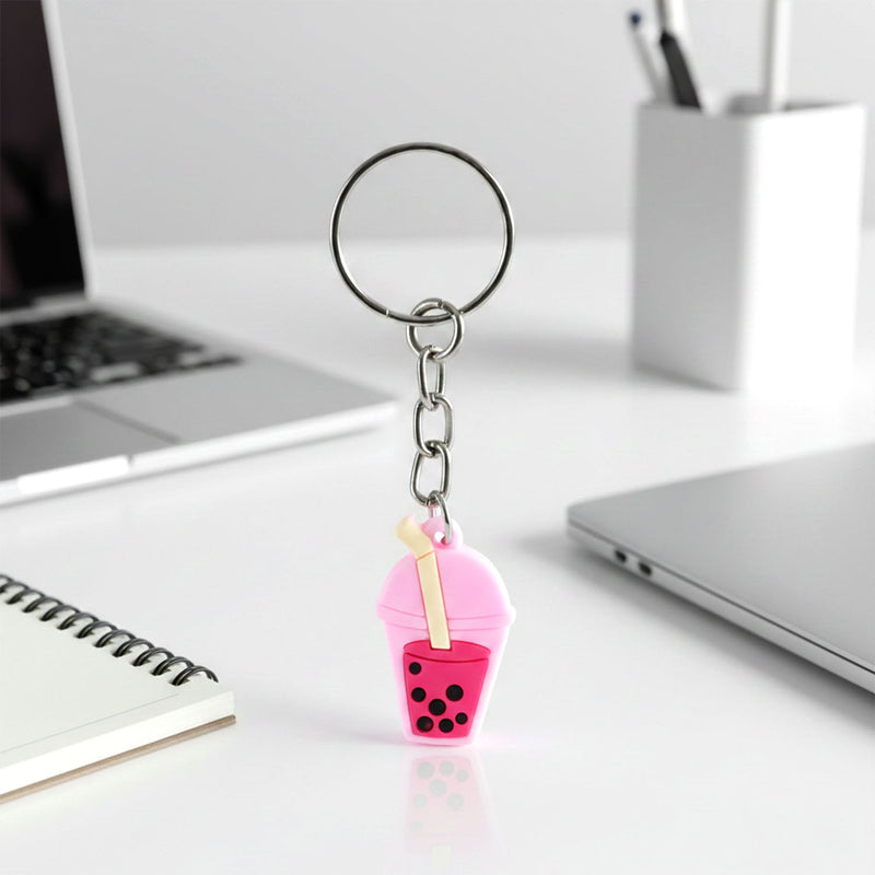 Bubble tea keychain displayed on a backpack zipper pull