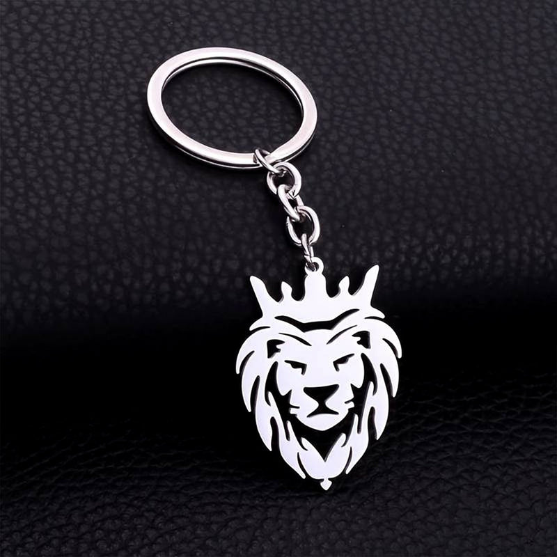 Durable stainless steel lion head keychain with crown design on a white background