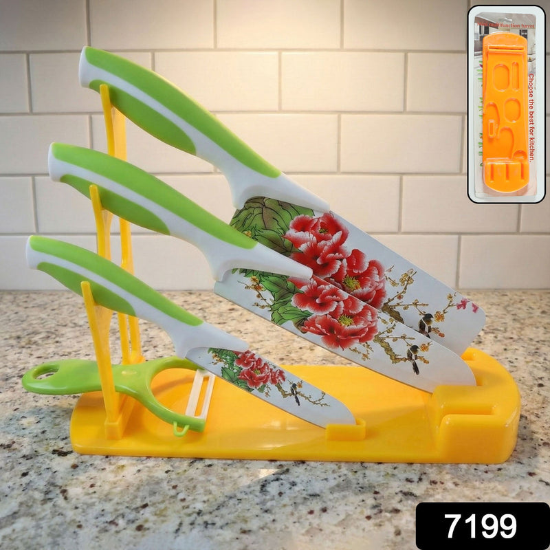Side view of the plastic knife stand holding various kitchen knives, demonstrating its storage capacity.