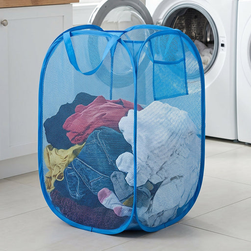 Large foldable clothes storage hamper in mesh material