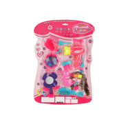 Open girls' pretend play beauty suitcase revealing all makeup vanity items.