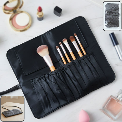 Foldable makeup brush organizer bag with a secure wrap closure keeping brushes safe