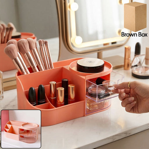 Pink cosmetic organizer with multiple compartments and brush holder