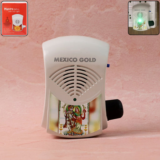 Front view of electric mantra bell with LED light and Radha-Krishna image