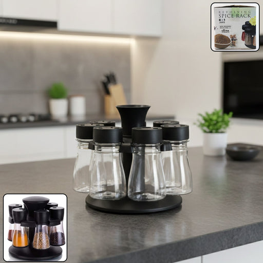 Revolving plastic spice rack with 8 transparent jars for organized kitchen storage