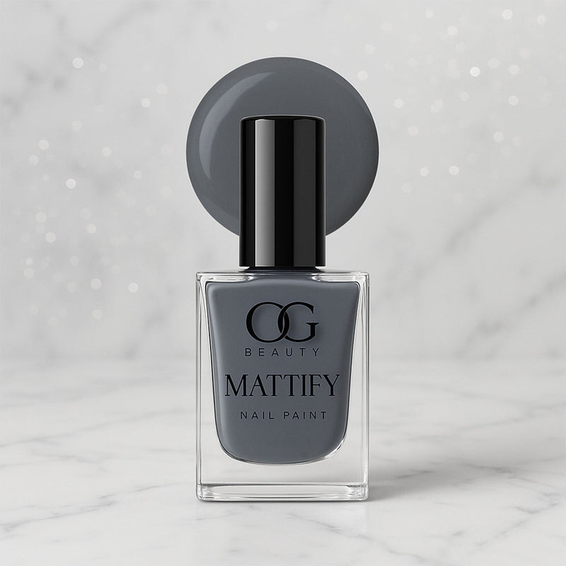 Swatch of long-lasting Calm Grey Matte Nail Polish on skin.