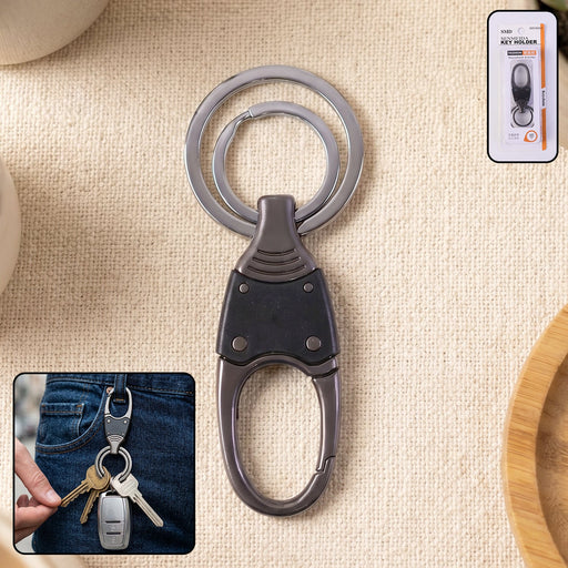 Close-up of durable metal key holder featuring dual rings and rotating swivel