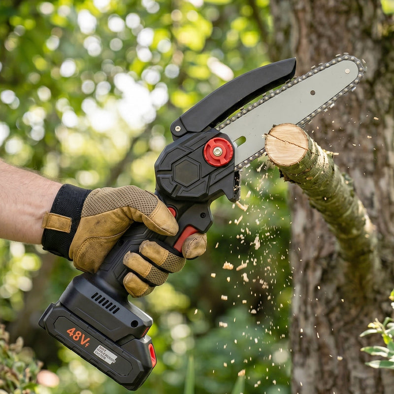 Compact electric chainsaw with ergonomic grip