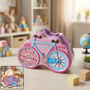 Pink and blue bicycle-shaped piggy bank with lock for kids