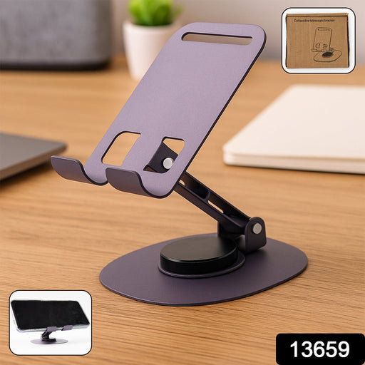 Adjustable mobile stand securely holding a smartphone for hands-free viewing.