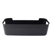 Collection of stackable black plastic storage trays for organizing items