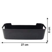 Black plastic storage baskets used for home organization