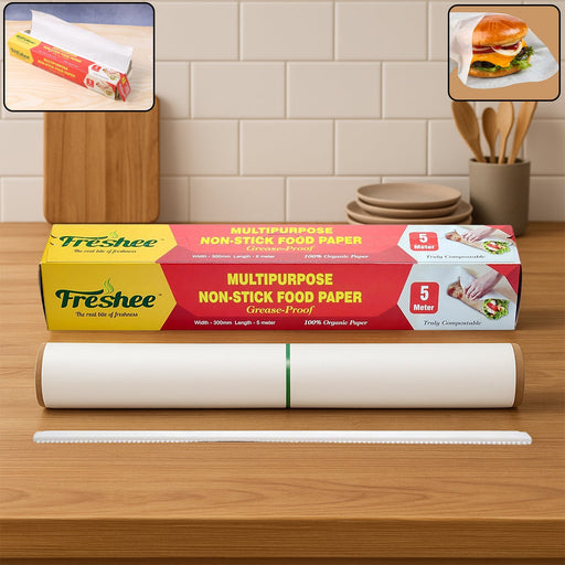 Freshee grease-proof non-stick food paper roll with serrated cutter for easy dispensing