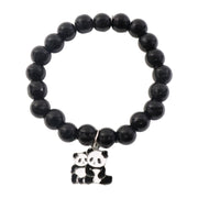 Black beaded stretch bracelet with panda charm shown on a person’s wrist.
