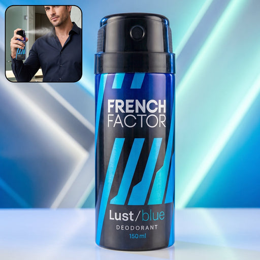 French Factor Lust Blue men's deodorant body spray in a 150 ML bottle