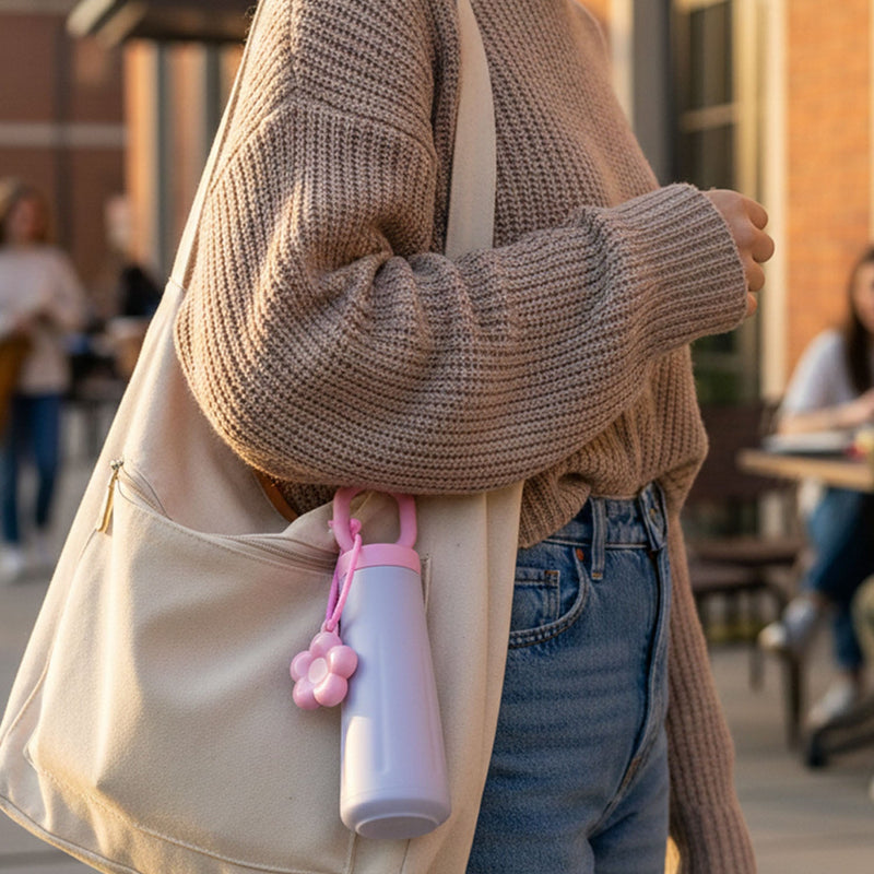 Portable 450ML water bottle with decorative charm and hanging loop